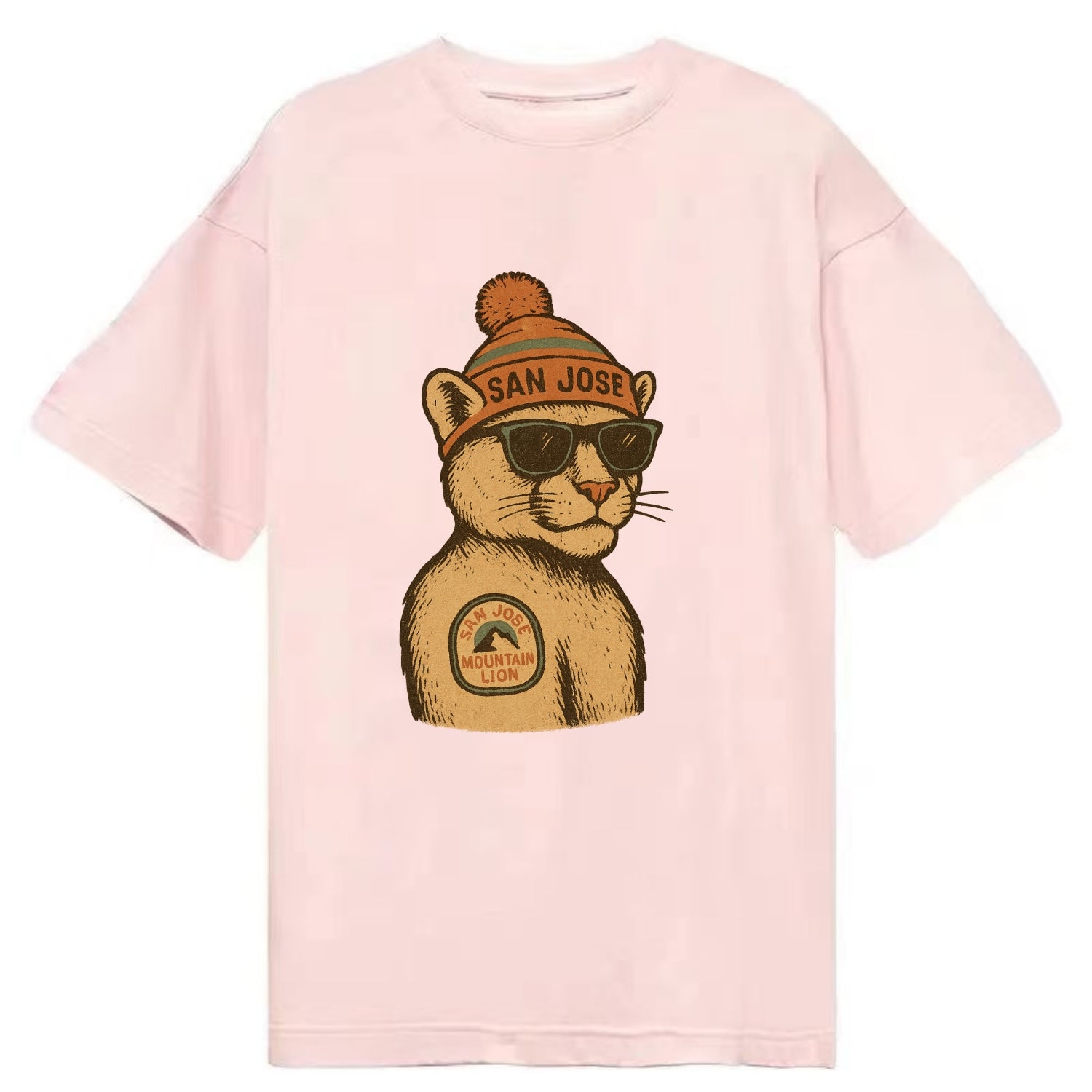 San Jose Mountain Lion wearing San Jose beanie with pom pom and wayfarer - Classic T-shirt - Pink
