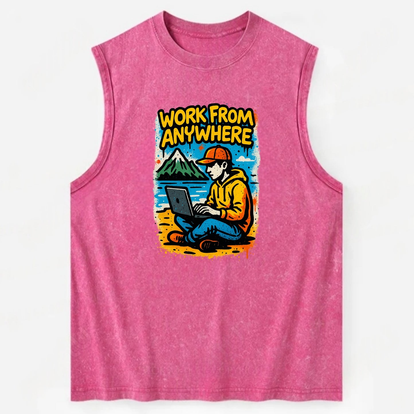 Digital nomad with laptop on beach/mountain - work from anywhere lifestyle, - Vintage Washed Tank - Pink