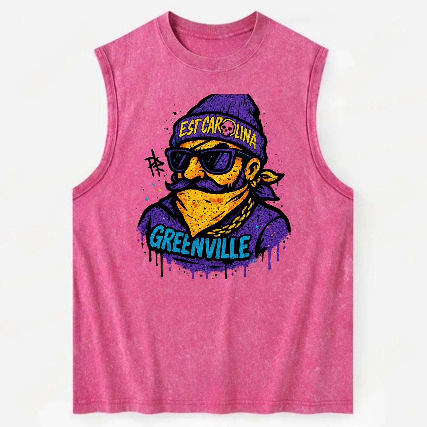 Greenville Pirate wearing East Carolina beanie with skull patch - Vintage Washed Tank - Pink