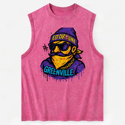 Greenville Pirate wearing East Carolina beanie with skull patch - Vintage Washed Tank - Pink