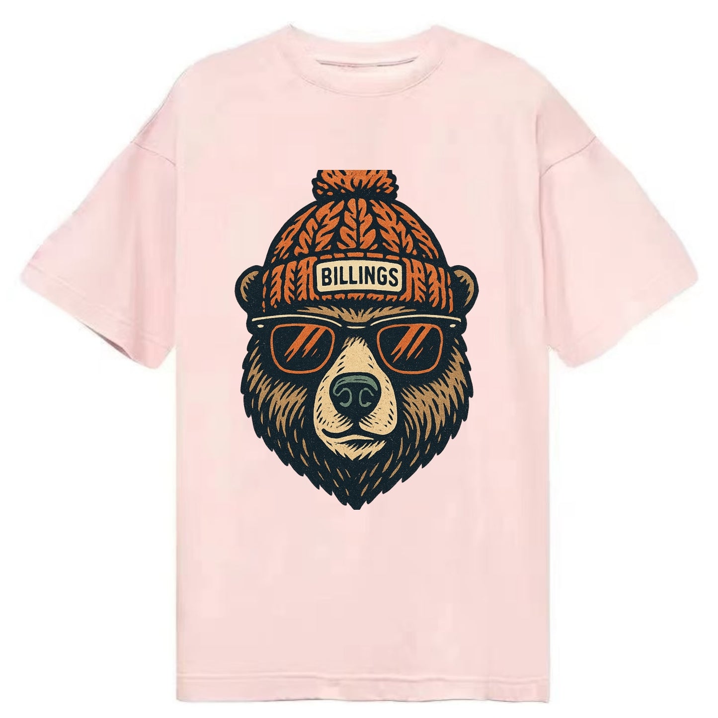 Montana Grizzly Bear wearing Billings beanie with pom pom and wayfarer sunglasses - Classic T-shirt - Pink