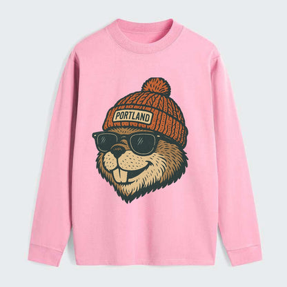 Oregon Beaver wearing Portland beanie with pom pom and wayfarer - Classic Long Sleeve Shirt - Pink