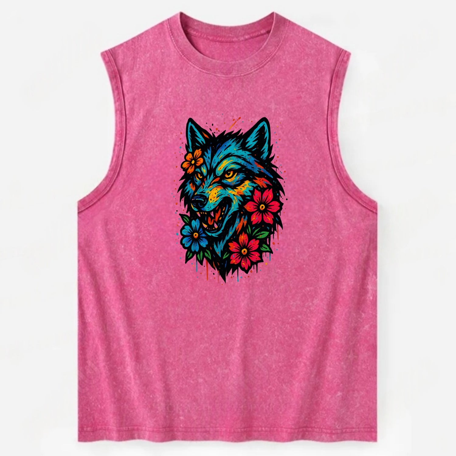 Floral Wolf Garden  - Vintage Washed Tank - Pink