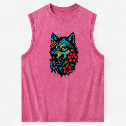 Floral Wolf Garden  - Vintage Washed Tank - Pink