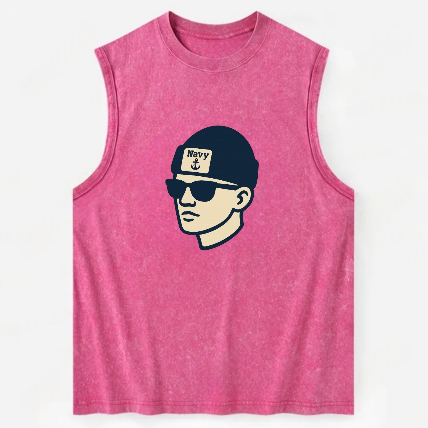 Annapolis Midshipman wearing Navy beanie with anchor patch - Vintage Washed Tank - Pink