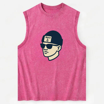 Annapolis Midshipman wearing Navy beanie with anchor patch - Vintage Washed Tank - Pink