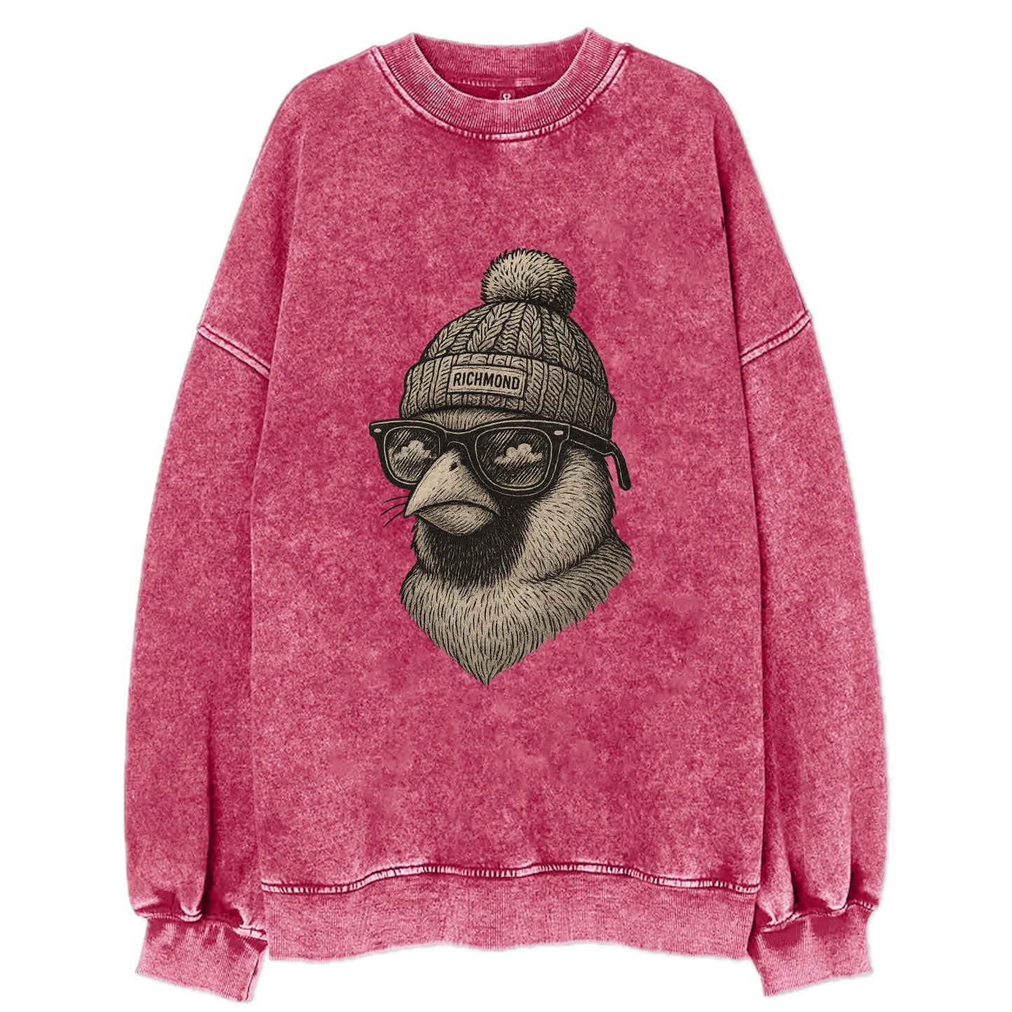 Virginia Cardinal wearing Richmond beanie with pom pom and wayfarer sunglasses - Vintage Sweatshirt - Pink