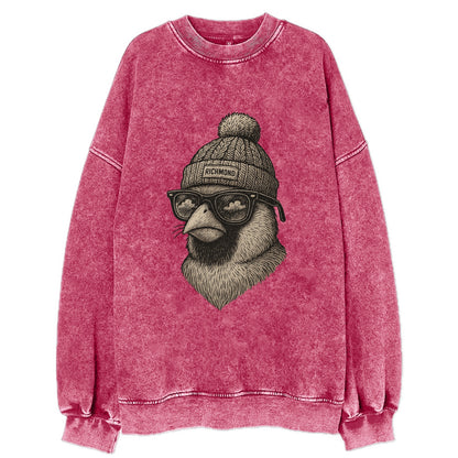 Virginia Cardinal wearing Richmond beanie with pom pom and wayfarer sunglasses - Vintage Sweatshirt - Pink