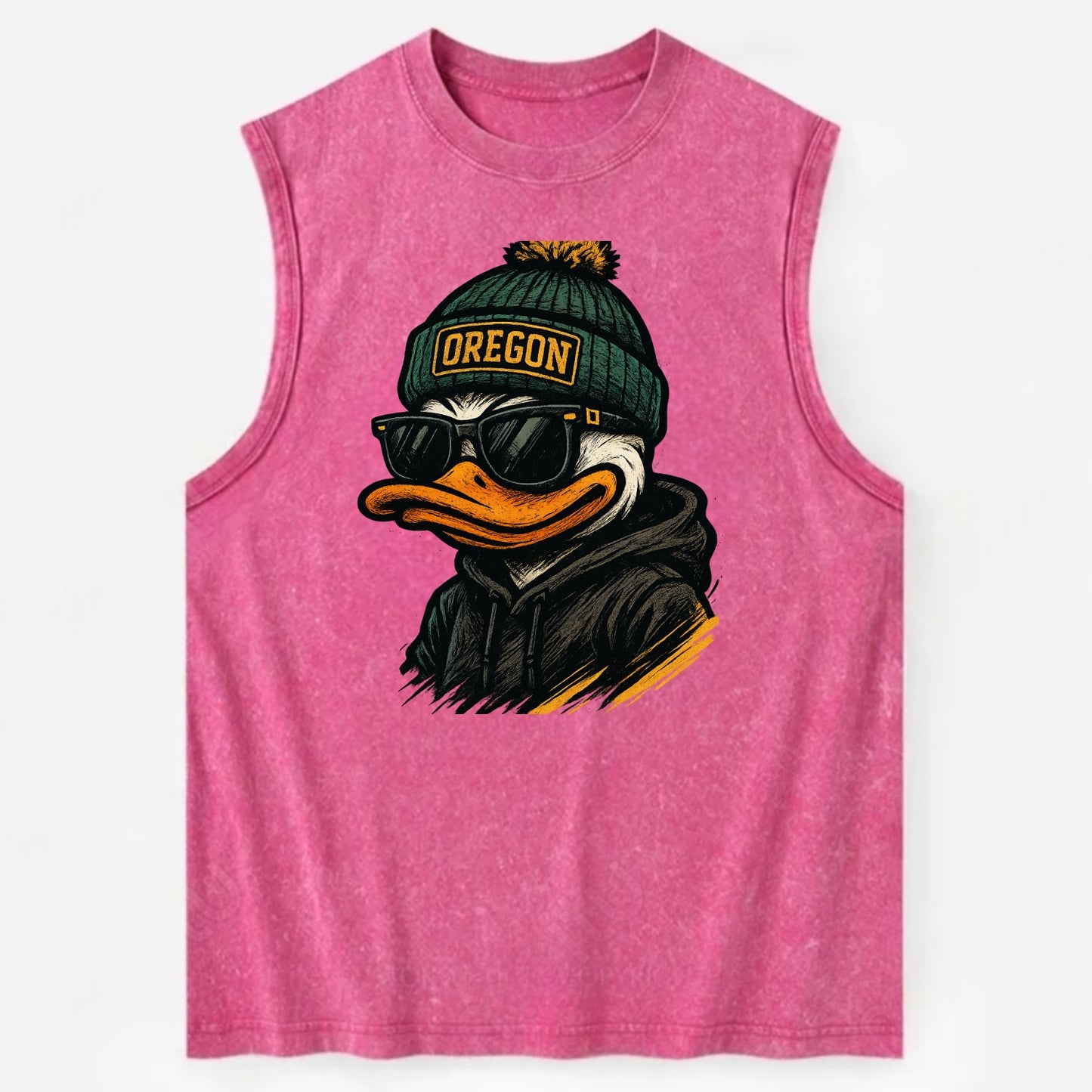 Eugene Duck wearing Oregon beanie with O patch - Vintage Washed Tank - Pink