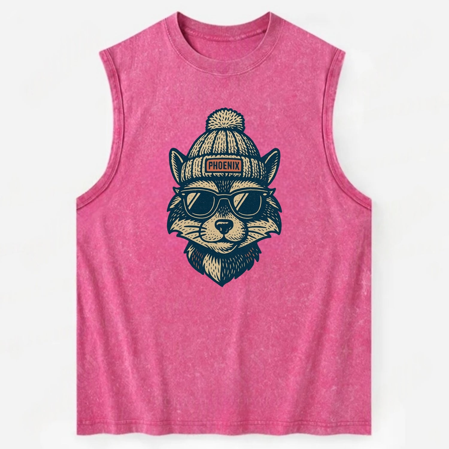 Arizona Ringtail wearing Phoenix beanie with pom pom and wayfarer sunglasses - Vintage Washed Tank - Pink