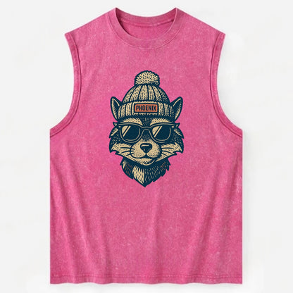 Arizona Ringtail wearing Phoenix beanie with pom pom and wayfarer sunglasses - Vintage Washed Tank - Pink