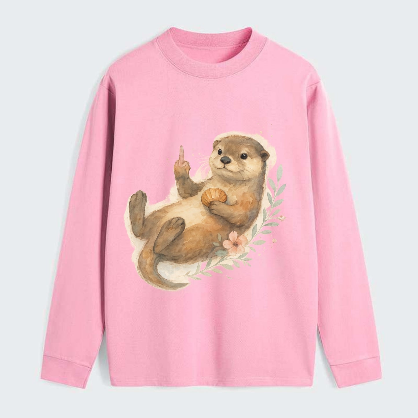 adorable otter floating on back, middle finger up while holding a - Classic Long Sleeve Shirt - Pink