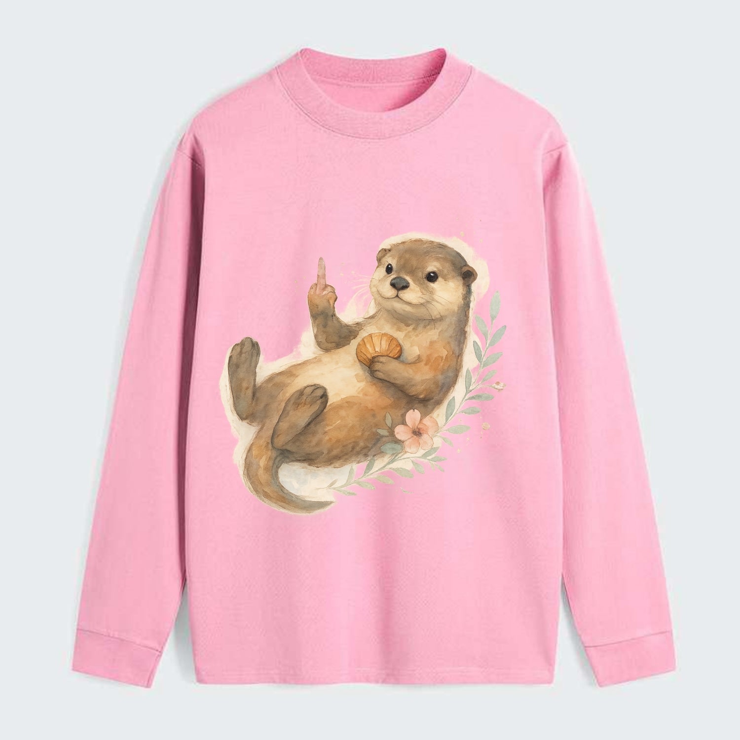 adorable otter floating on back, middle finger up while holding a - Classic Long Sleeve Shirt - Pink