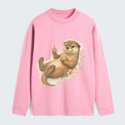 adorable otter floating on back, middle finger up while holding a - Classic Long Sleeve Shirt - Pink