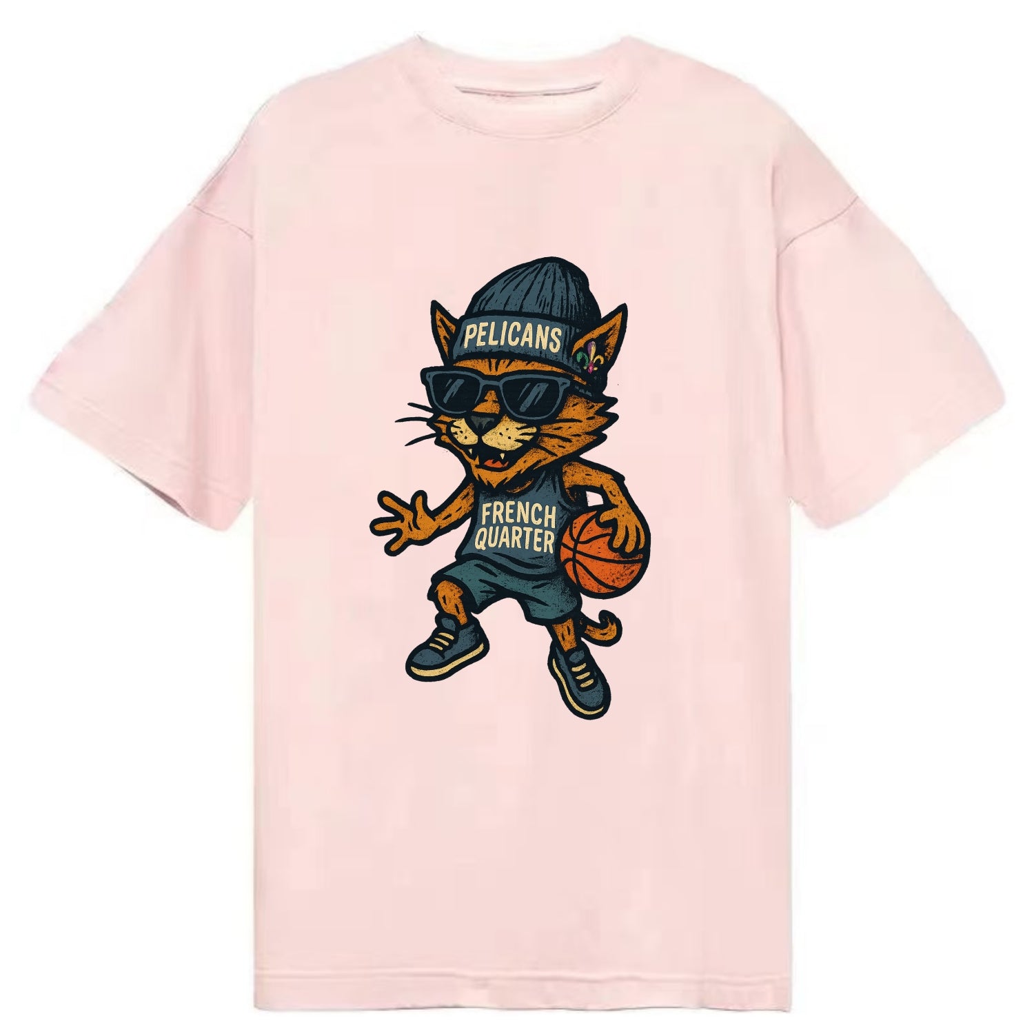 French Quarter Cat wearing Pelicans beanie with Mardi Gras patch and wayfarer - Classic T-shirt - Pink