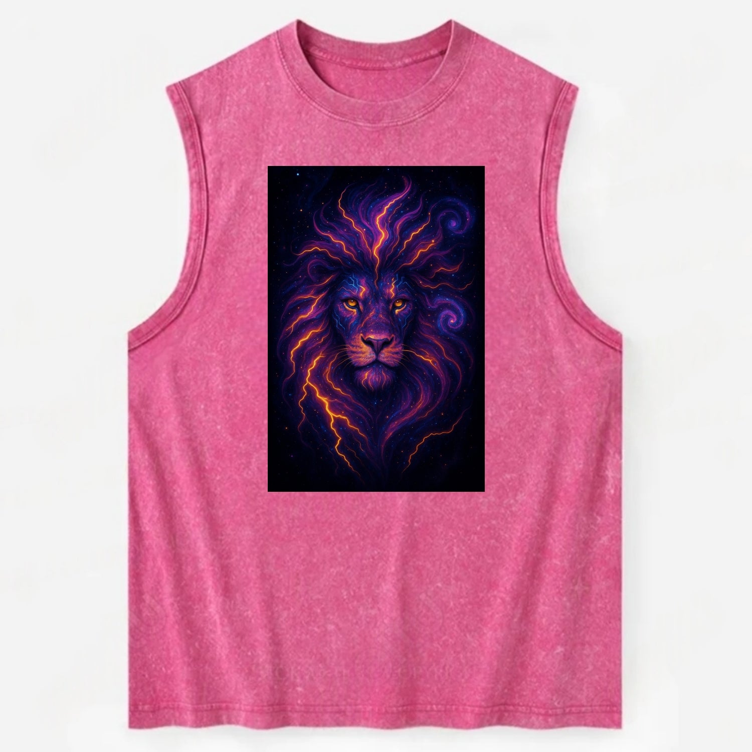 Regal lion with mane made of electric currents, neon yellow and hot pink - Vintage Washed Tank - Pink