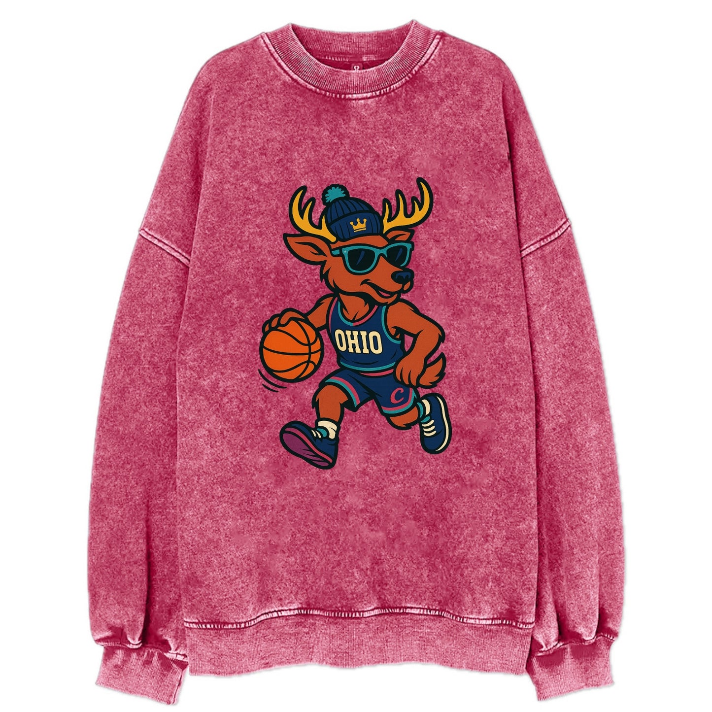 Ohio Deer wearing Cavs beanie with crown patch and wayfarer sunglasses - Vintage Sweatshirt - Pink