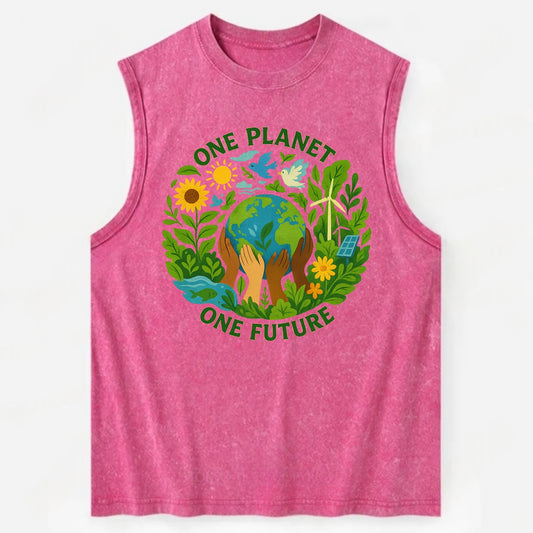 Globe surrounded by hands of all colors working together - "One Planet, One - Vintage Washed Tank - Pink