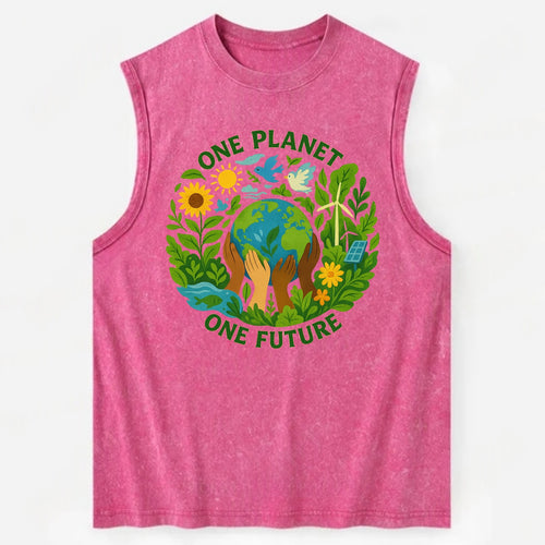 Globe surrounded by hands of all colors working together - One Planet, One - Vintage Washed Tank