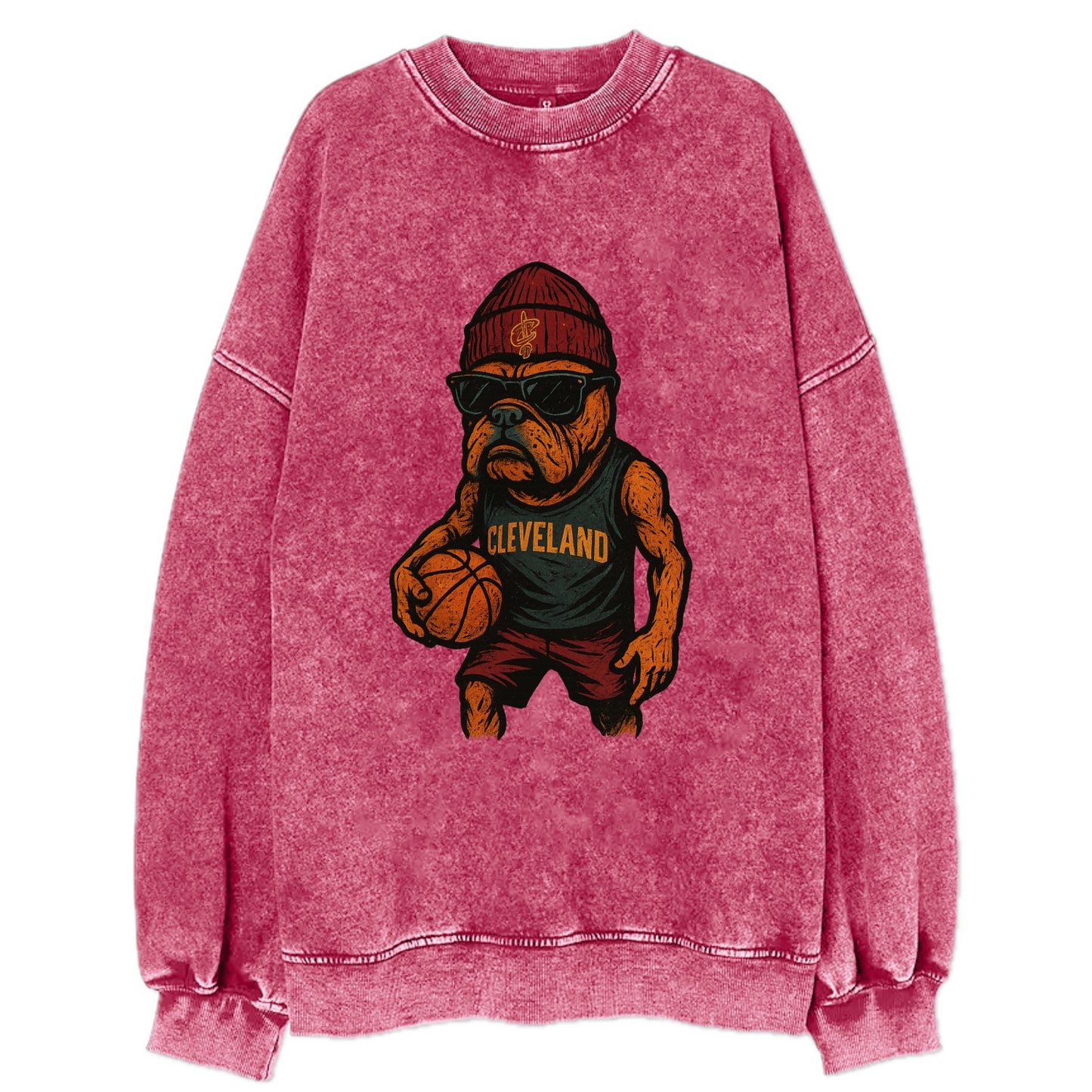 Cleveland Bulldog wearing Cavaliers wine and gold beanie with sword patch and - Vintage Sweatshirt - Pink