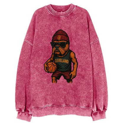 Cleveland Bulldog wearing Cavaliers wine and gold beanie with sword patch and - Vintage Sweatshirt - Pink