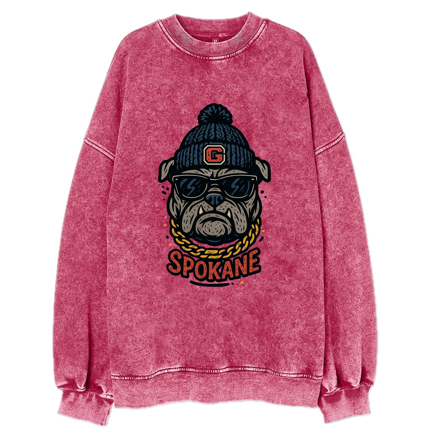 Spokane Bulldog wearing Gonzaga beanie with G patch - Vintage Sweatshirt - Pink