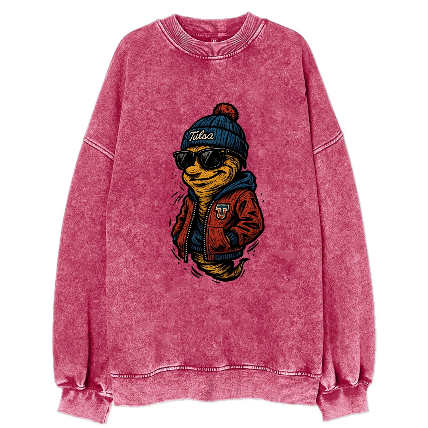 Tulsa Hurricane wearing Tulsa beanie with TU patch - Vintage Sweatshirt - Pink