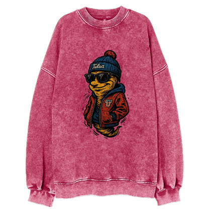 Tulsa Hurricane wearing Tulsa beanie with TU patch - Vintage Sweatshirt - Pink