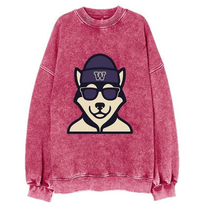 Seattle Husky wearing Washington beanie with W patch - Vintage Sweatshirt - Pink