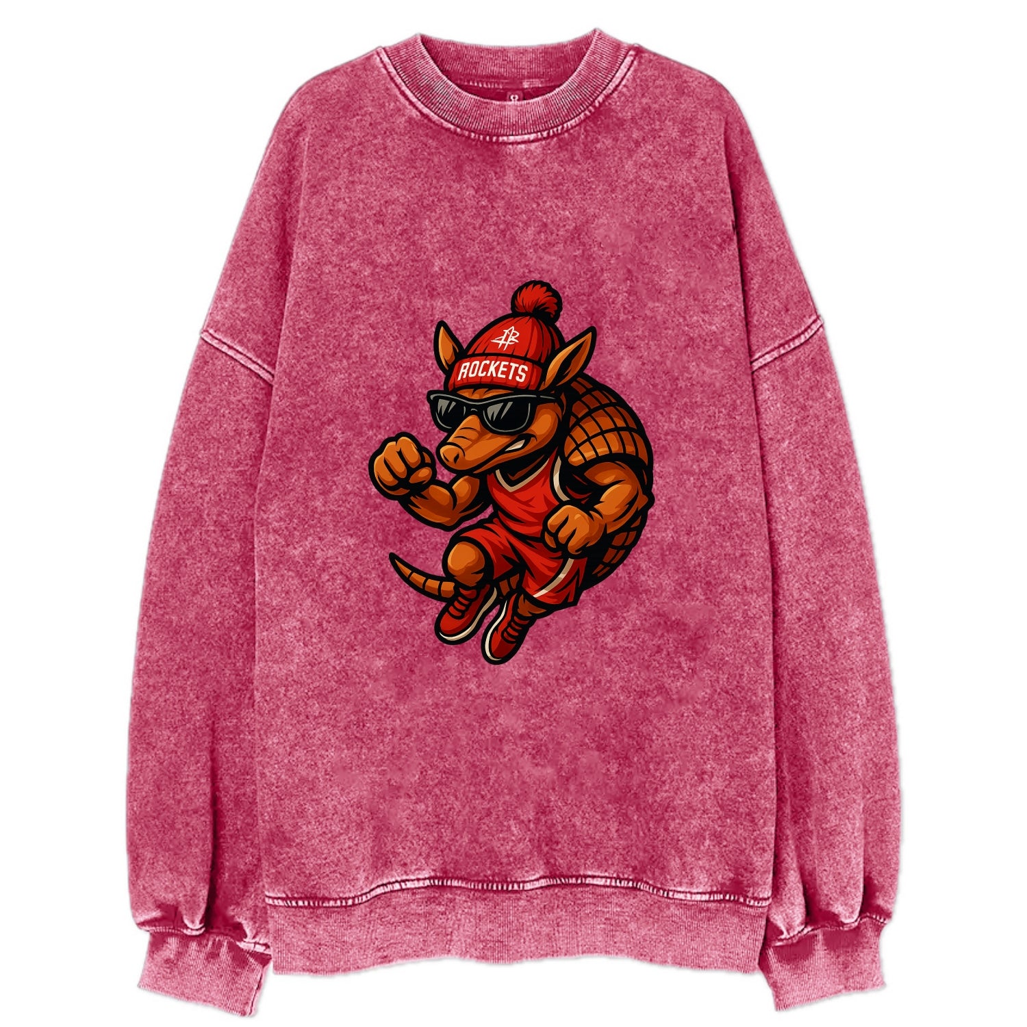 Houston Armadillo wearing Rockets red and silver beanie with rocket ship and - Vintage Sweatshirt - Pink