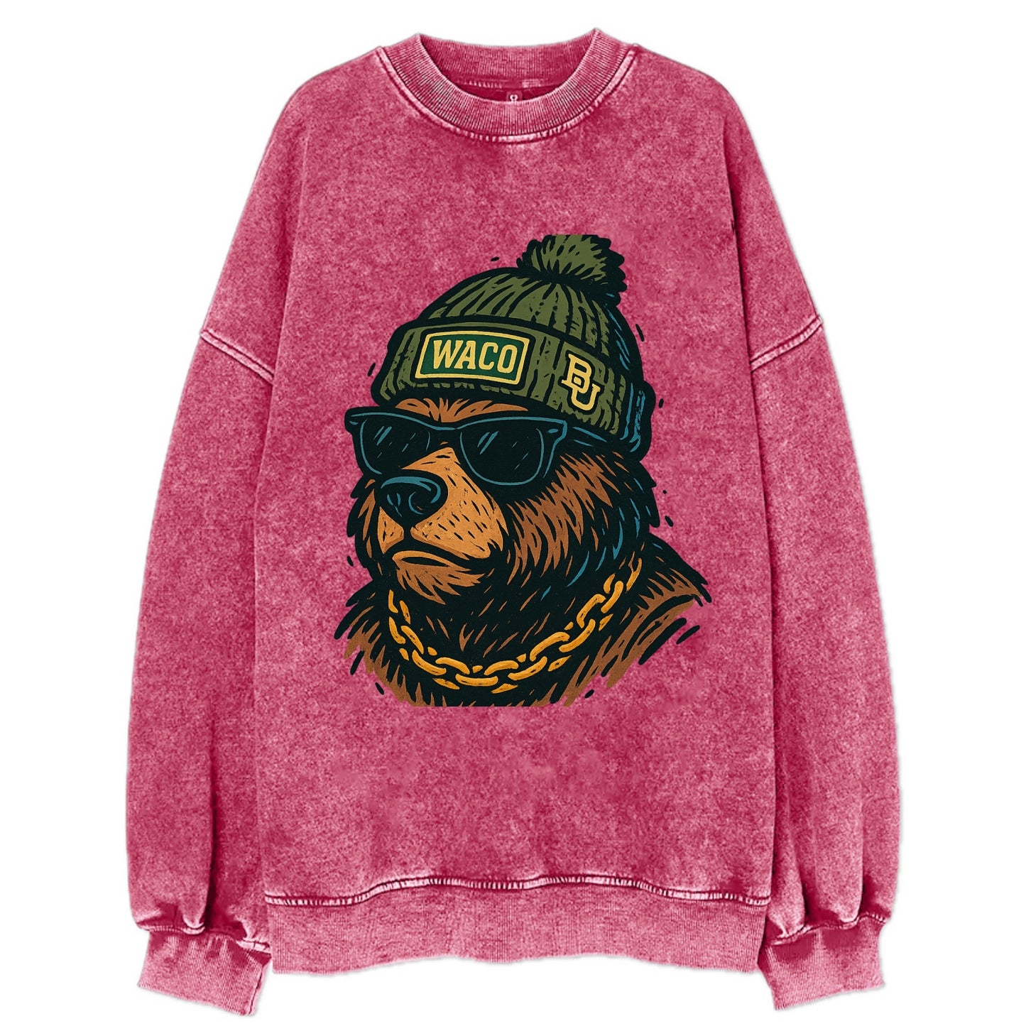 Waco Bear wearing Baylor beanie with BU patch - Vintage Sweatshirt - Pink