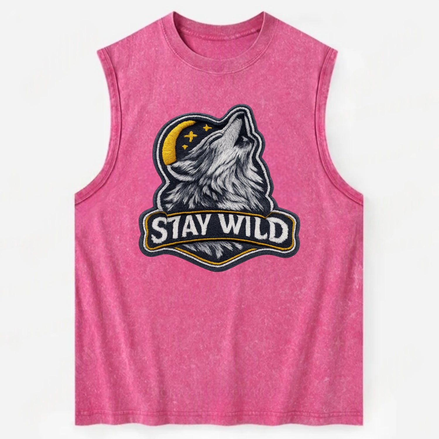 STAY WILD - wolf with text in gray , free spirit - Vintage Washed Tank - Pink