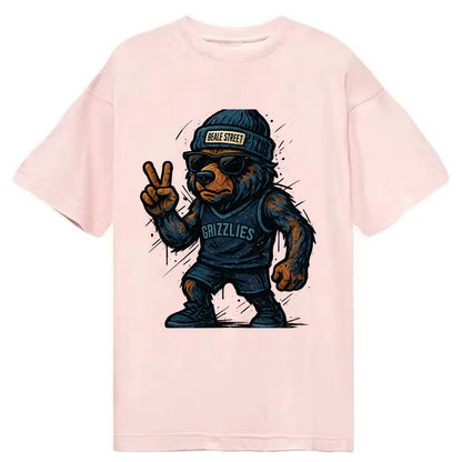 Memphis Grizzly Bear wearing Grizzlies navy and light blue beanie with Beale - Classic T-shirt - Pink