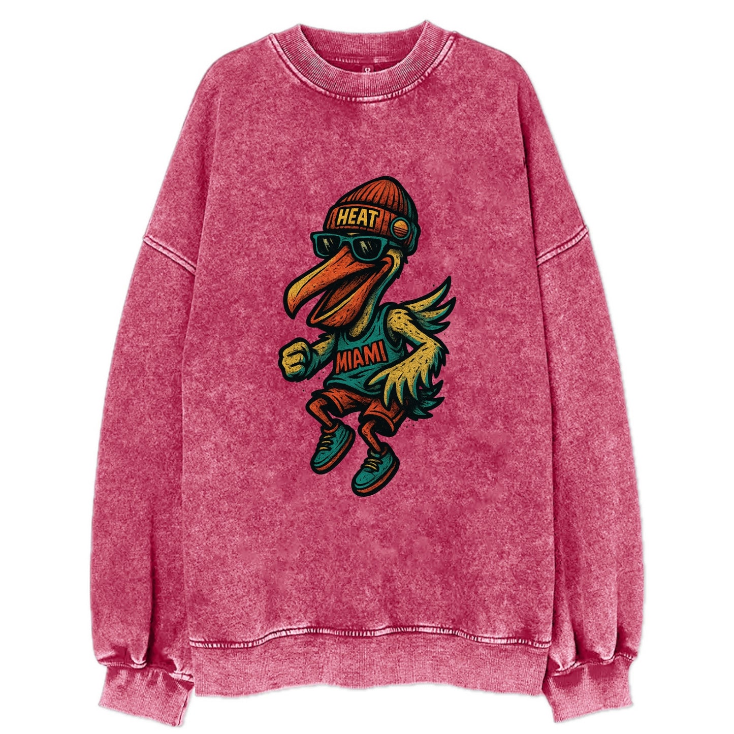 Miami Pelican wearing Heat beanie with sunset patch and wayfarer sunglasses - Vintage Sweatshirt - Pink