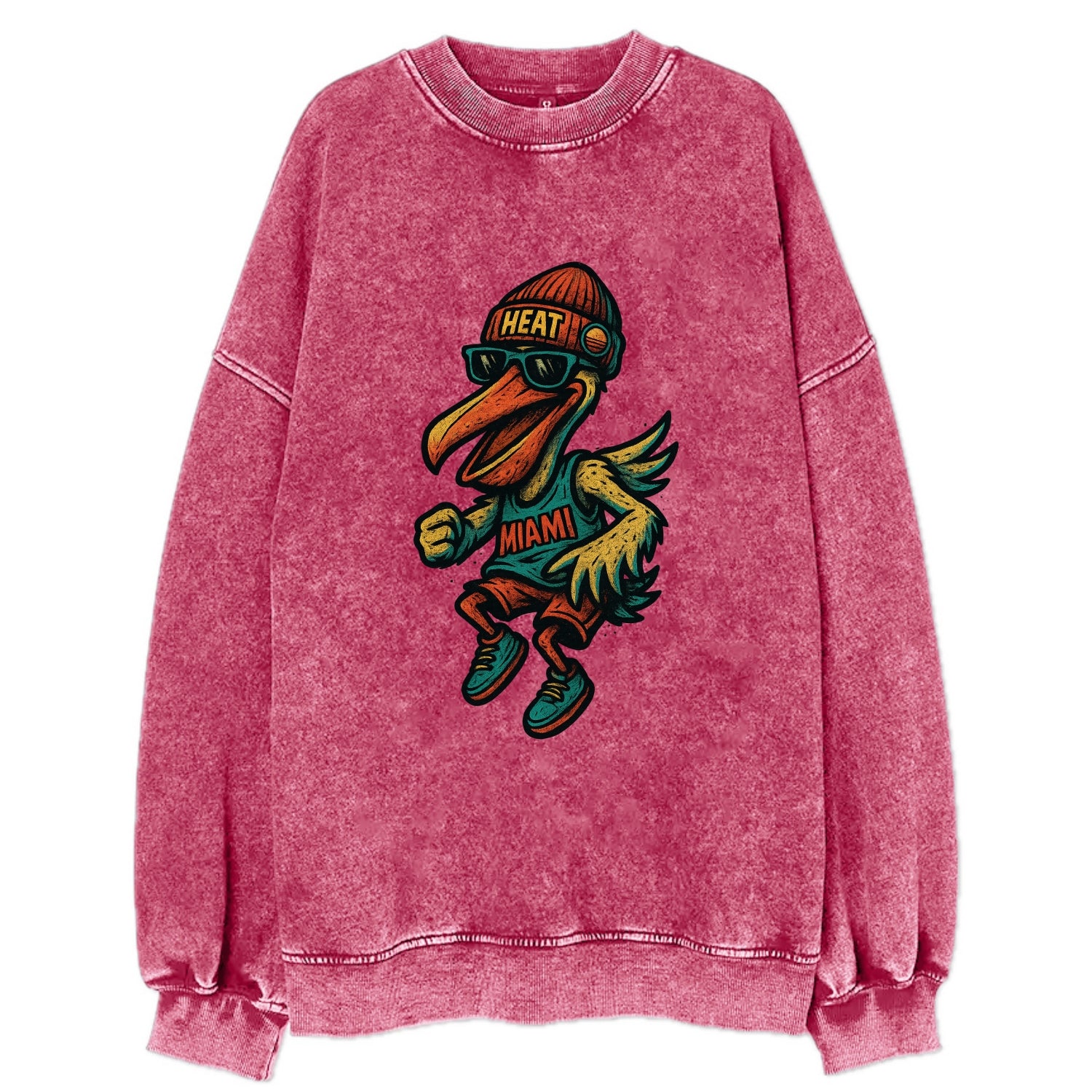 Miami Pelican wearing Heat beanie with sunset patch and wayfarer sunglasses - Vintage Sweatshirt - Pink