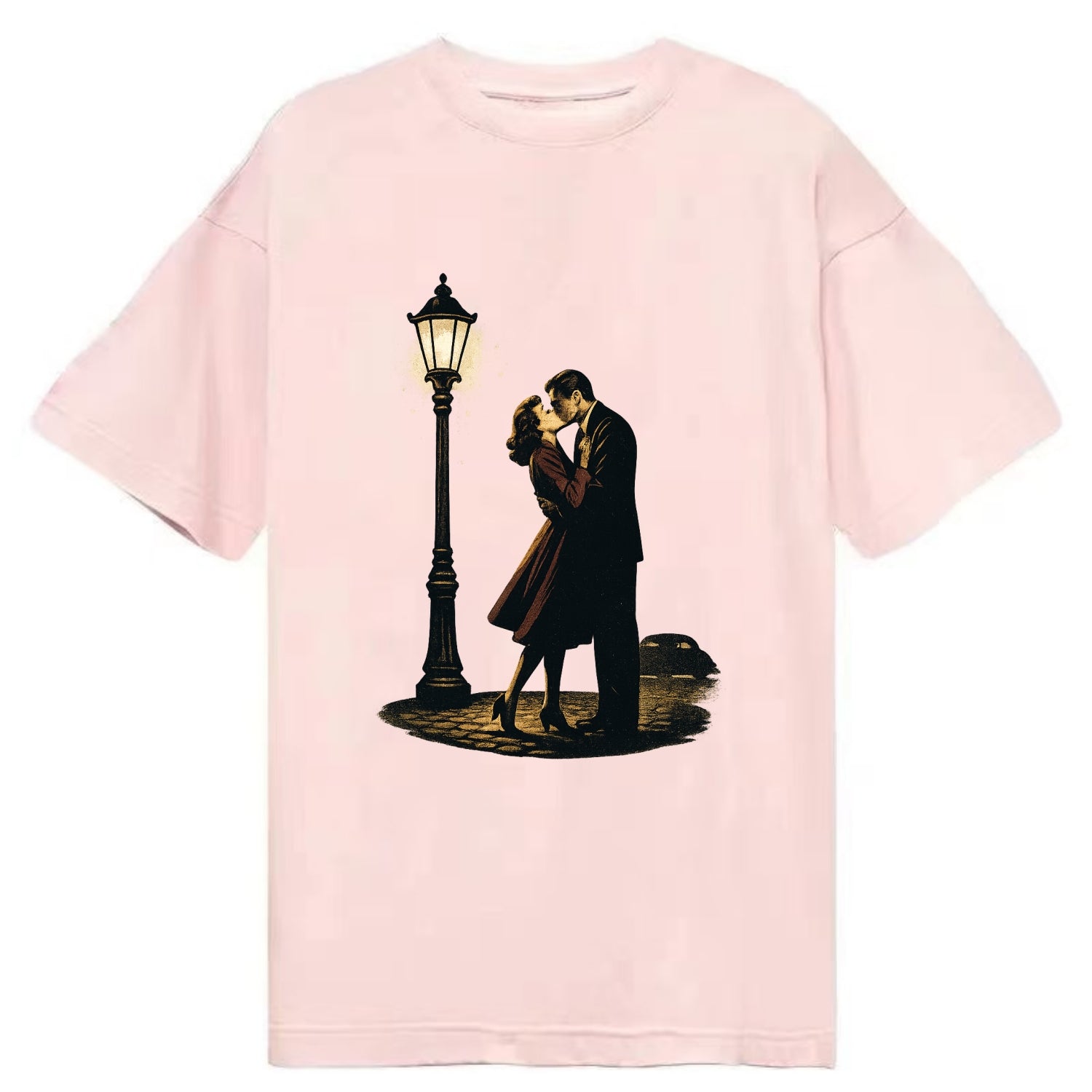 first kiss under vintage street lamp on cobblestone at night - Classic T-shirt - Pink