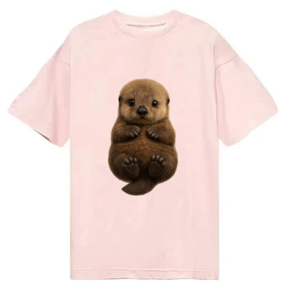 Baby Sea Otter - brown fluffy, floating on back, tiny paws, bright eyes, - Classic T-shirt - Pink