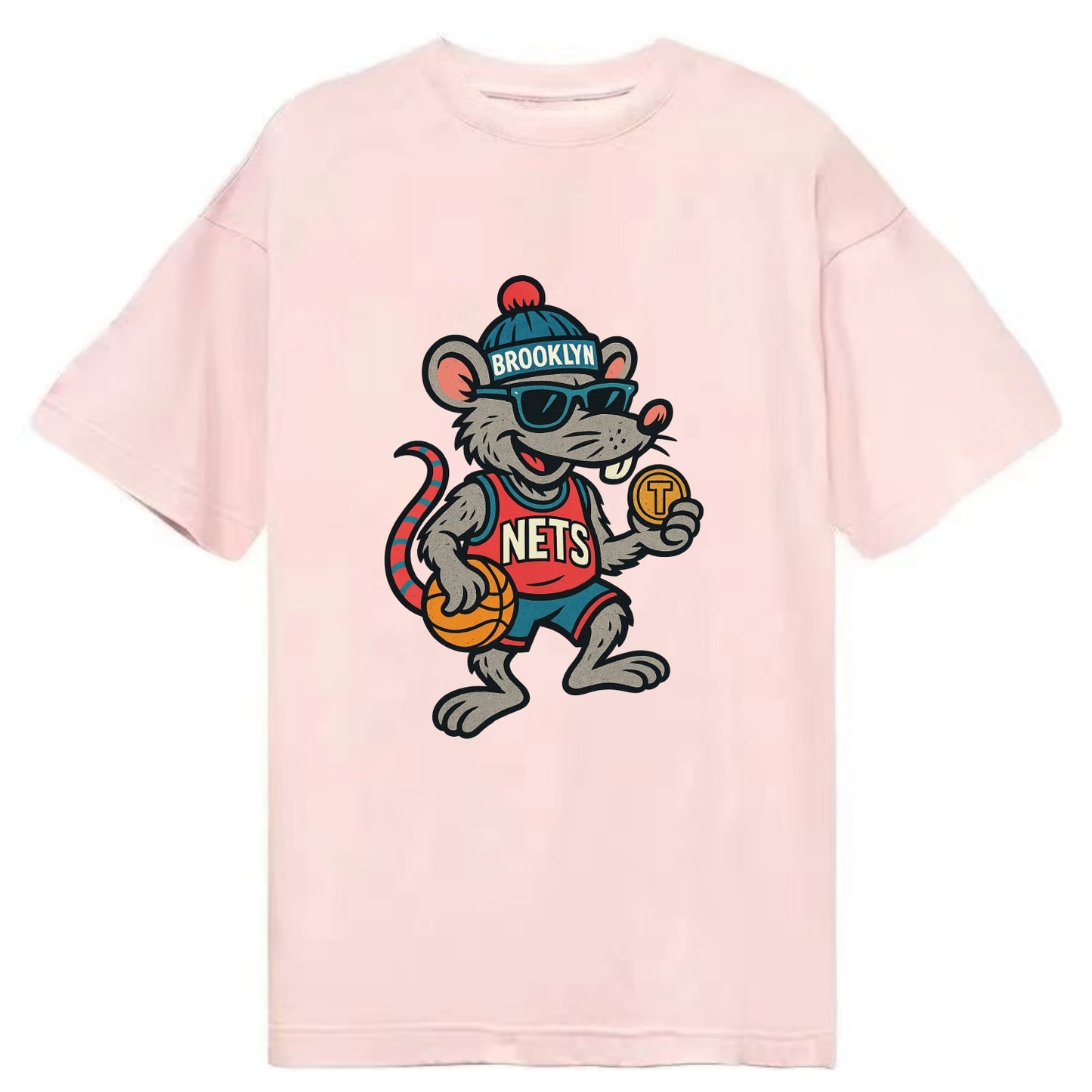 Brooklyn Rat wearing Nets beanie with subway token and wayfarer sunglasses - Classic T-shirt - Pink
