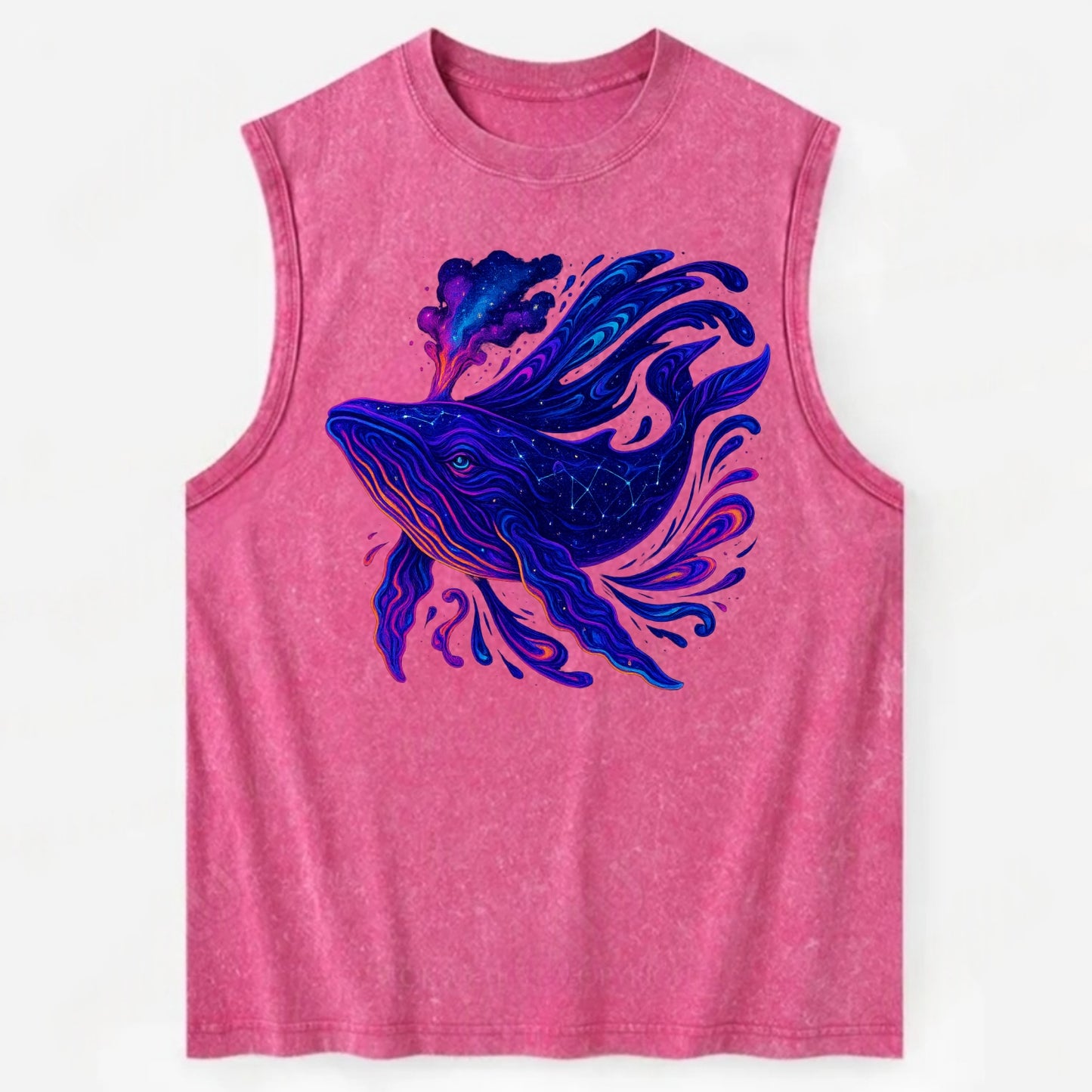 Majestic whale with body composed of galaxy clusters, stellar fins flowing - Vintage Washed Tank - Pink