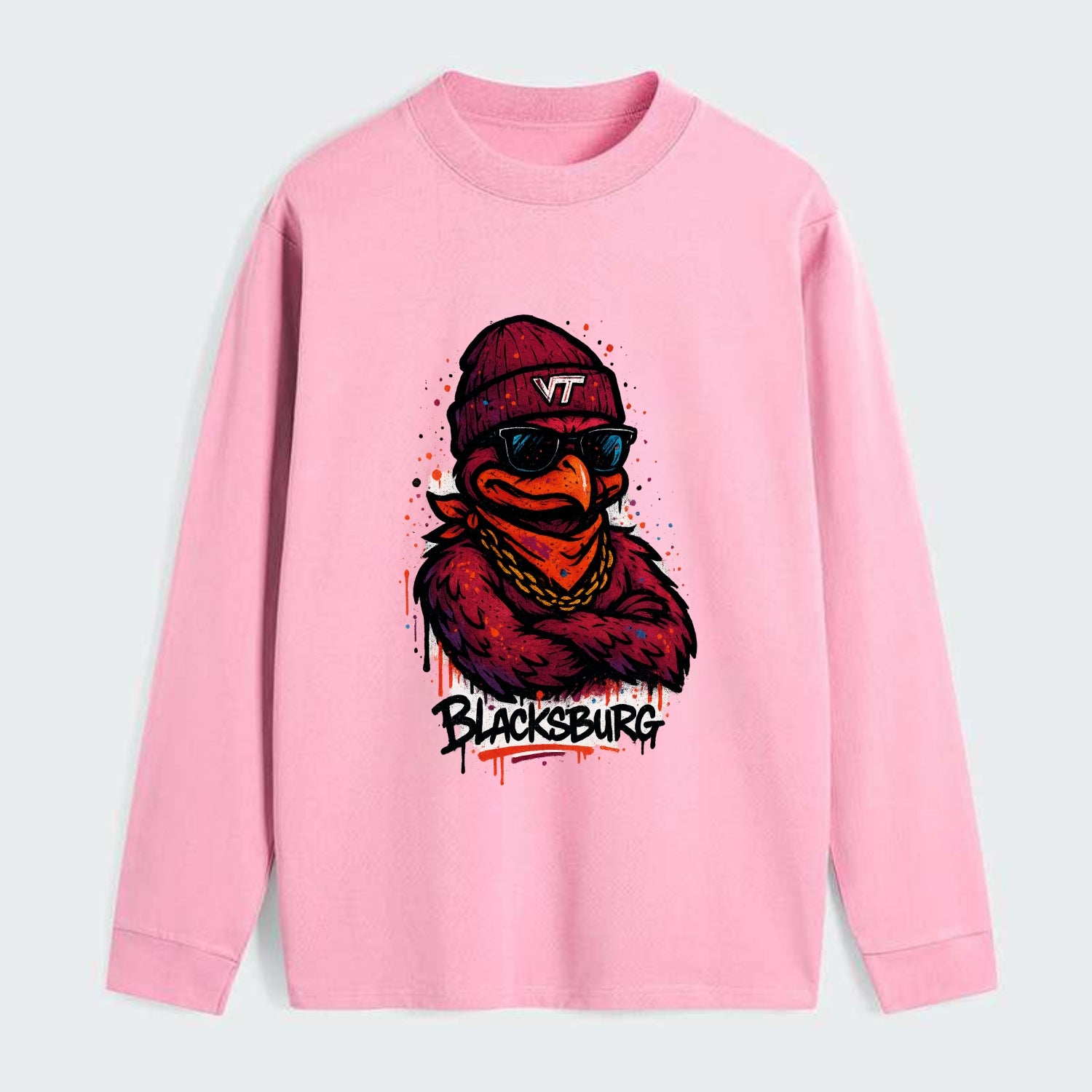 Blacksburg HokieBird wearing Virginia Tech beanie with VT patch - Classic Long Sleeve Shirt - Pink