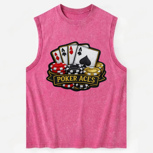 Embroidered patch design - POKER ACES - four aces with chips in red, black - Vintage Washed Tank - Pink