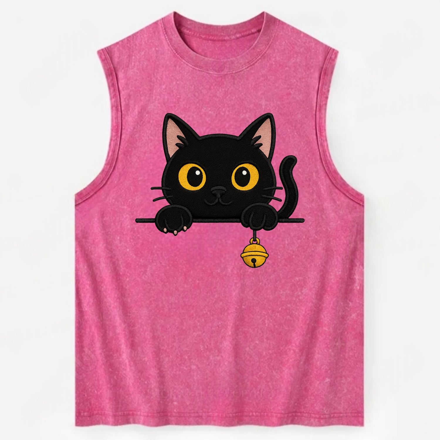Midnight the black cat leaning sideways with chin resting on left paw. - Vintage Washed Tank - Pink
