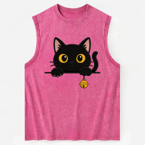 Midnight the black cat leaning sideways with chin resting on left paw. - Vintage Washed Tank