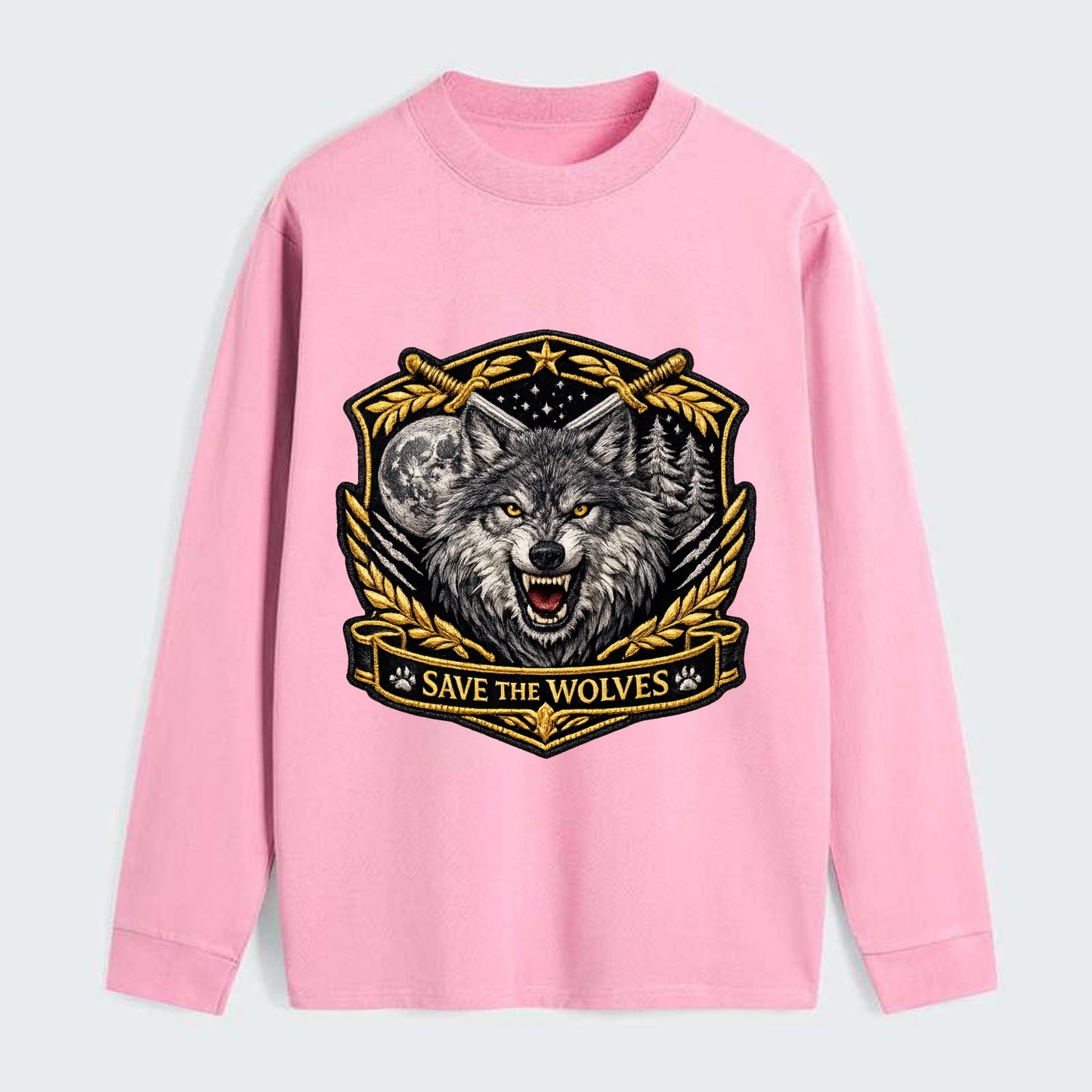 SAVE THE WOLVES - wolf moon in gray , predator protection - Classic Long Sleeve Shirt - Pink