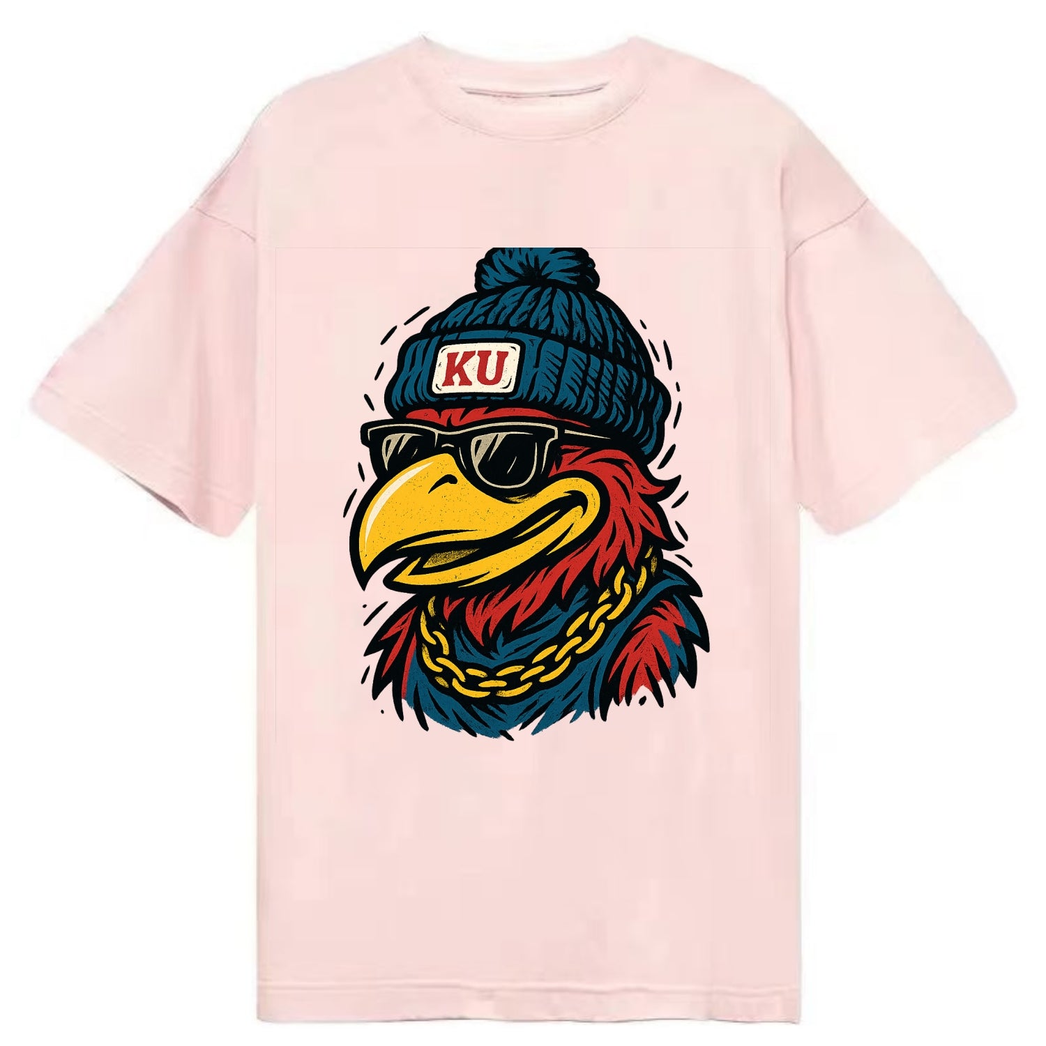 Lawrence Jayhawk wearing Kansas beanie with KU patch - Classic T-shirt - Pink