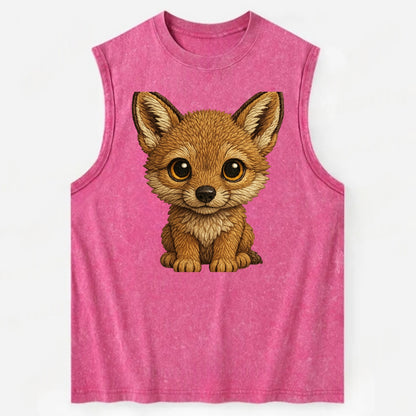 Baby Coyote Pup - tan fur, large ears, golden eyes, front-facing, clever baby - Vintage Washed Tank - Pink