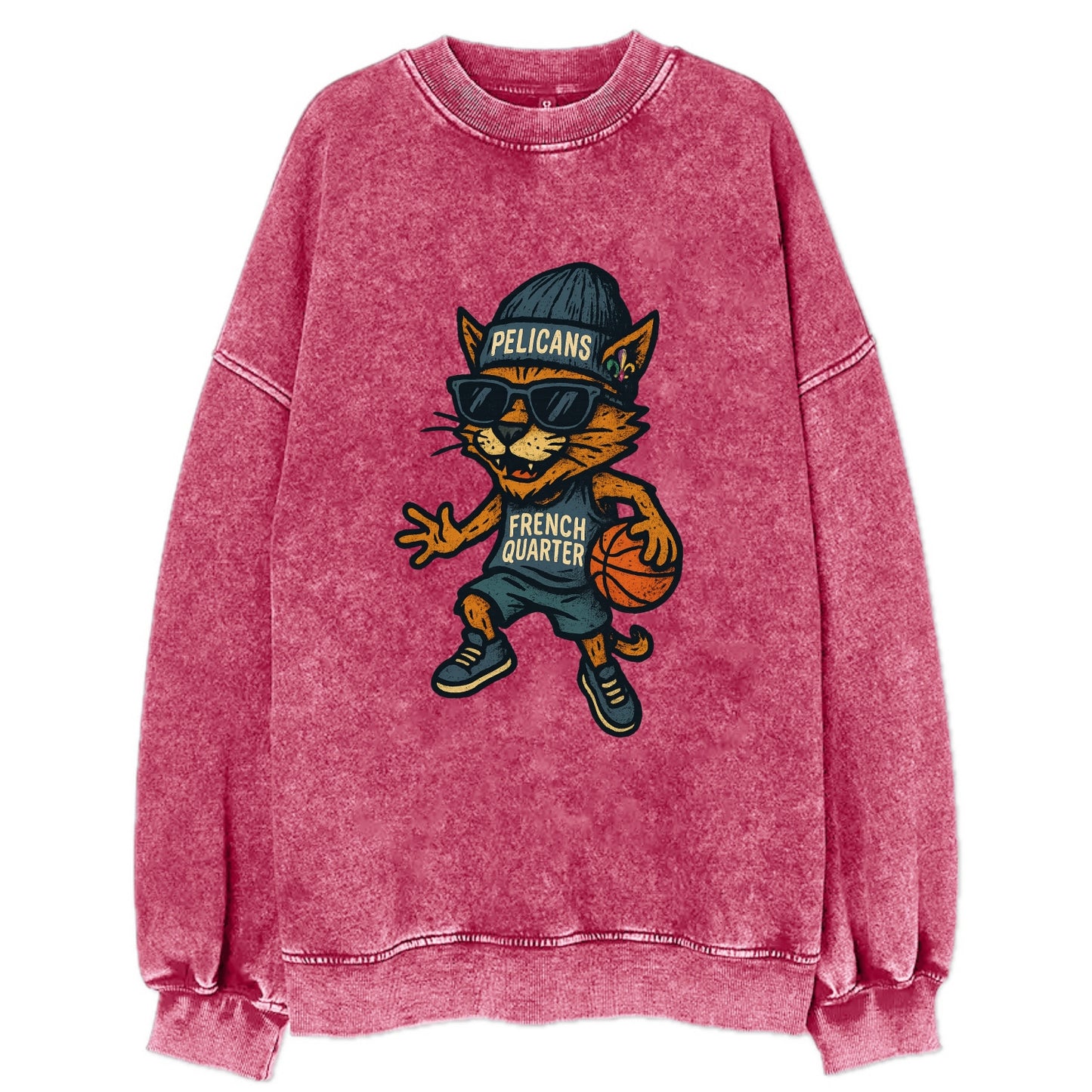 French Quarter Cat wearing Pelicans beanie with Mardi Gras patch and wayfarer - Vintage Sweatshirt - Pink
