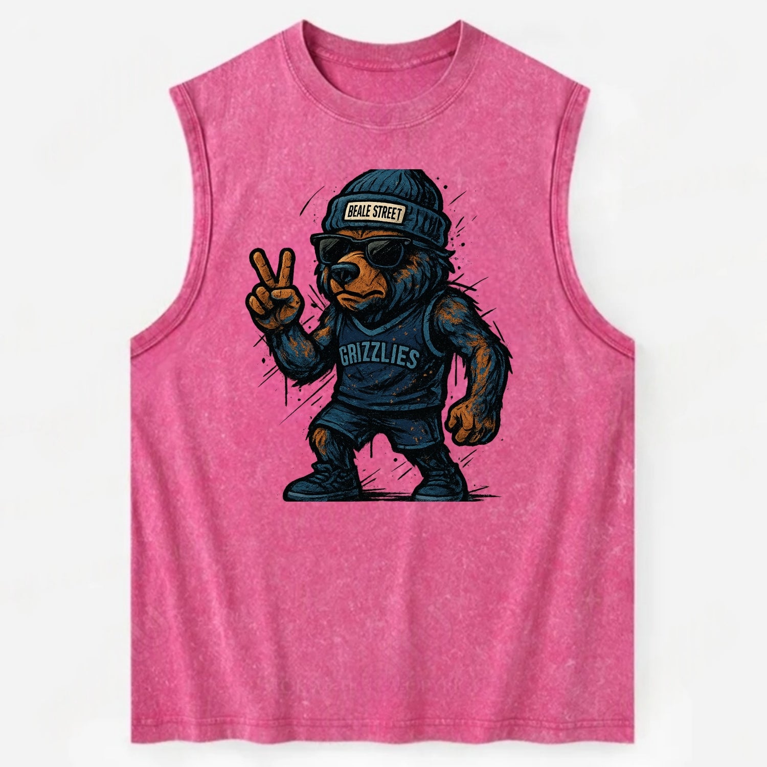 Memphis Grizzly Bear wearing Grizzlies navy and light blue beanie with Beale - Vintage Washed Tank - Pink