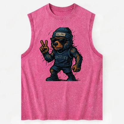 Memphis Grizzly Bear wearing Grizzlies navy and light blue beanie with Beale - Vintage Washed Tank - Pink