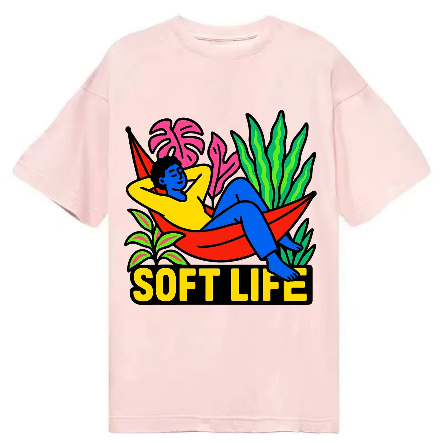 Person relaxing in hammock with plants - "soft life" aesthetic, peaceful living - Classic T-shirt - Pink